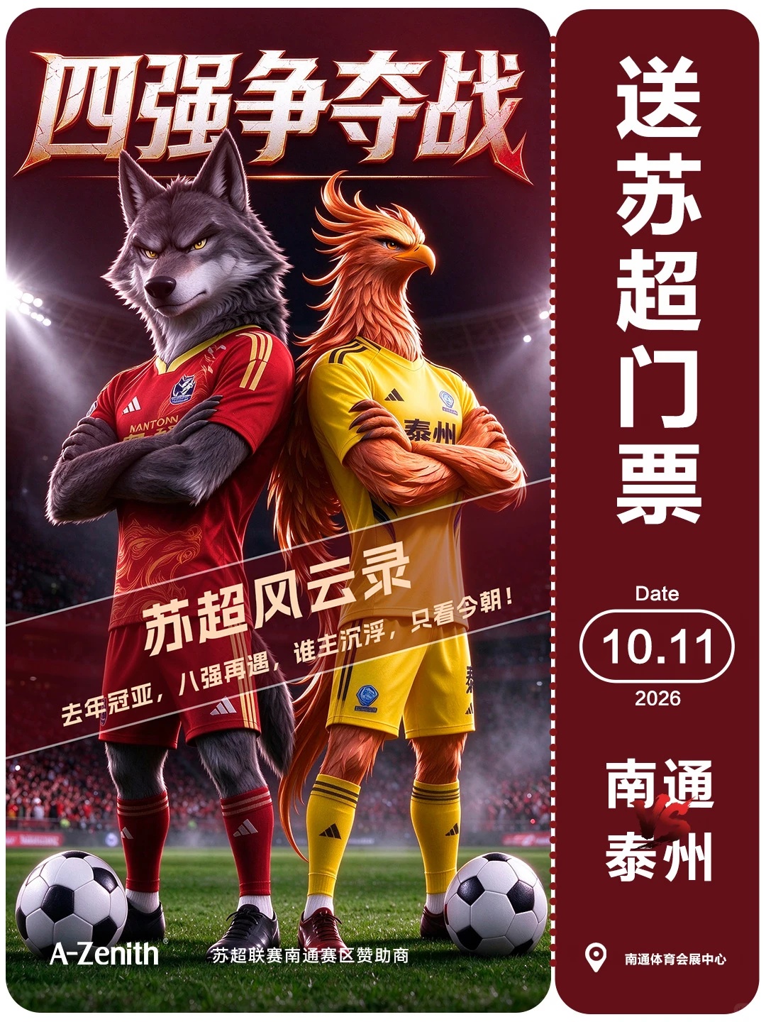 5位各1张10月11日南通vs泰州苏超门票，南通体育会展中心