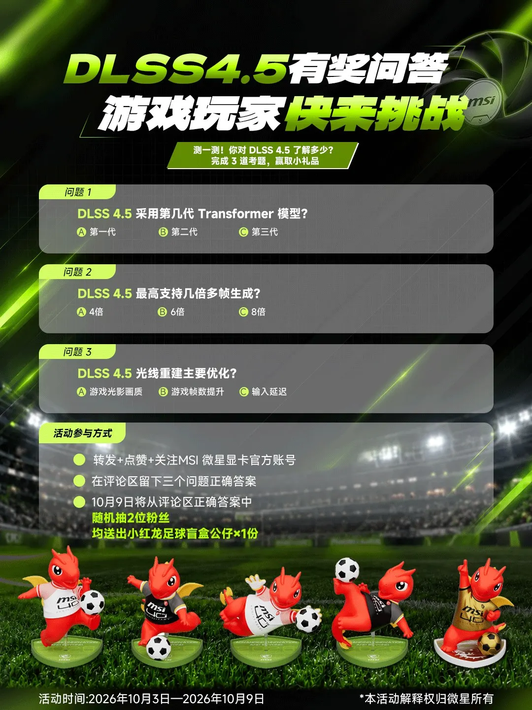 MSI微星显卡官方账号的抽奖活动配图：小红龙足球盲盒公仔2份，每名1份，款式随机；原帖活动海报；图片中的显卡为宣传背景，实际奖品为底部小红龙足球盲盒。
