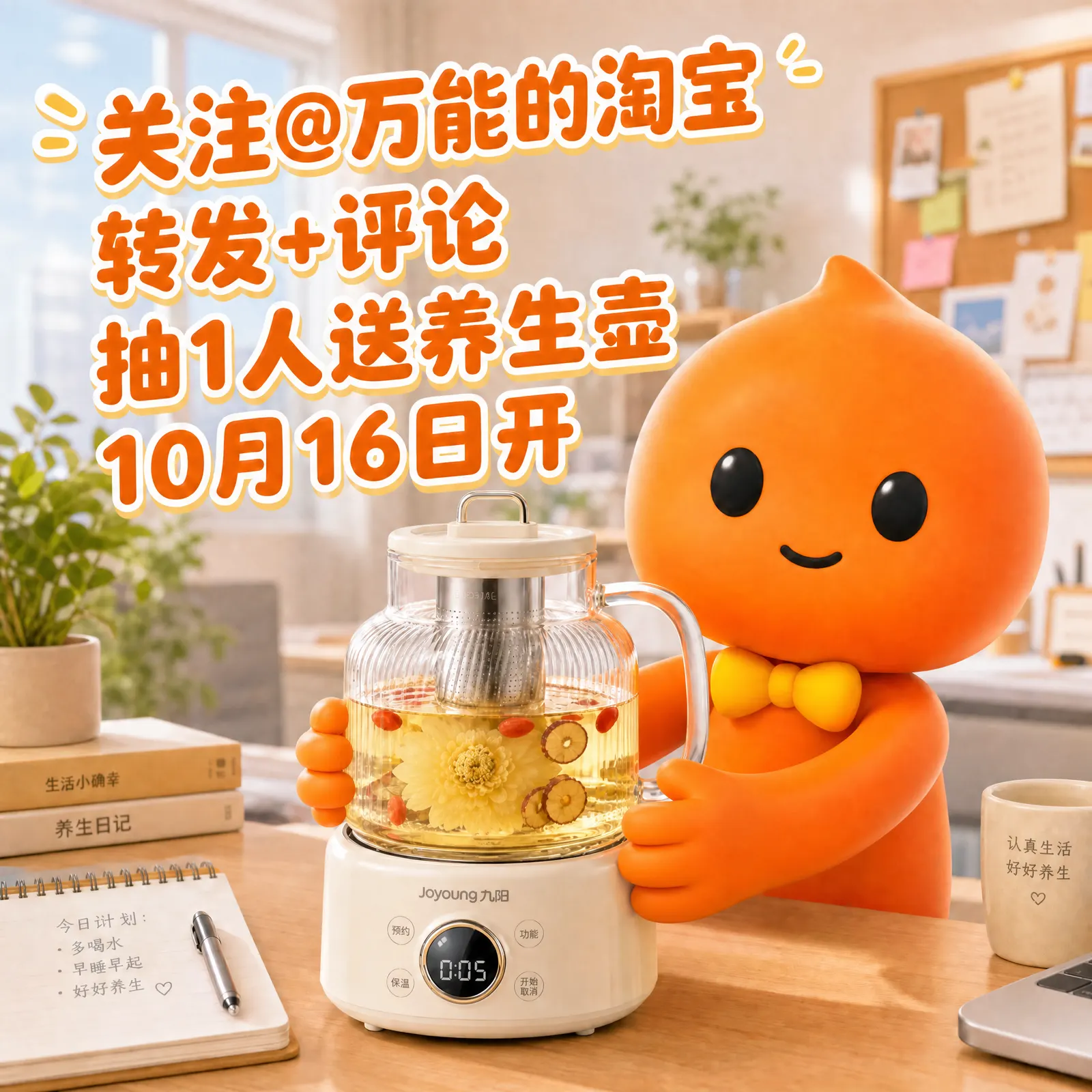 万能的淘宝的抽奖活动配图：养生壶×1个，共1名；原活动第六张抽奖海报，包含养生壶和10月16日开奖说明；未把图中外观推断成未明示的型号。