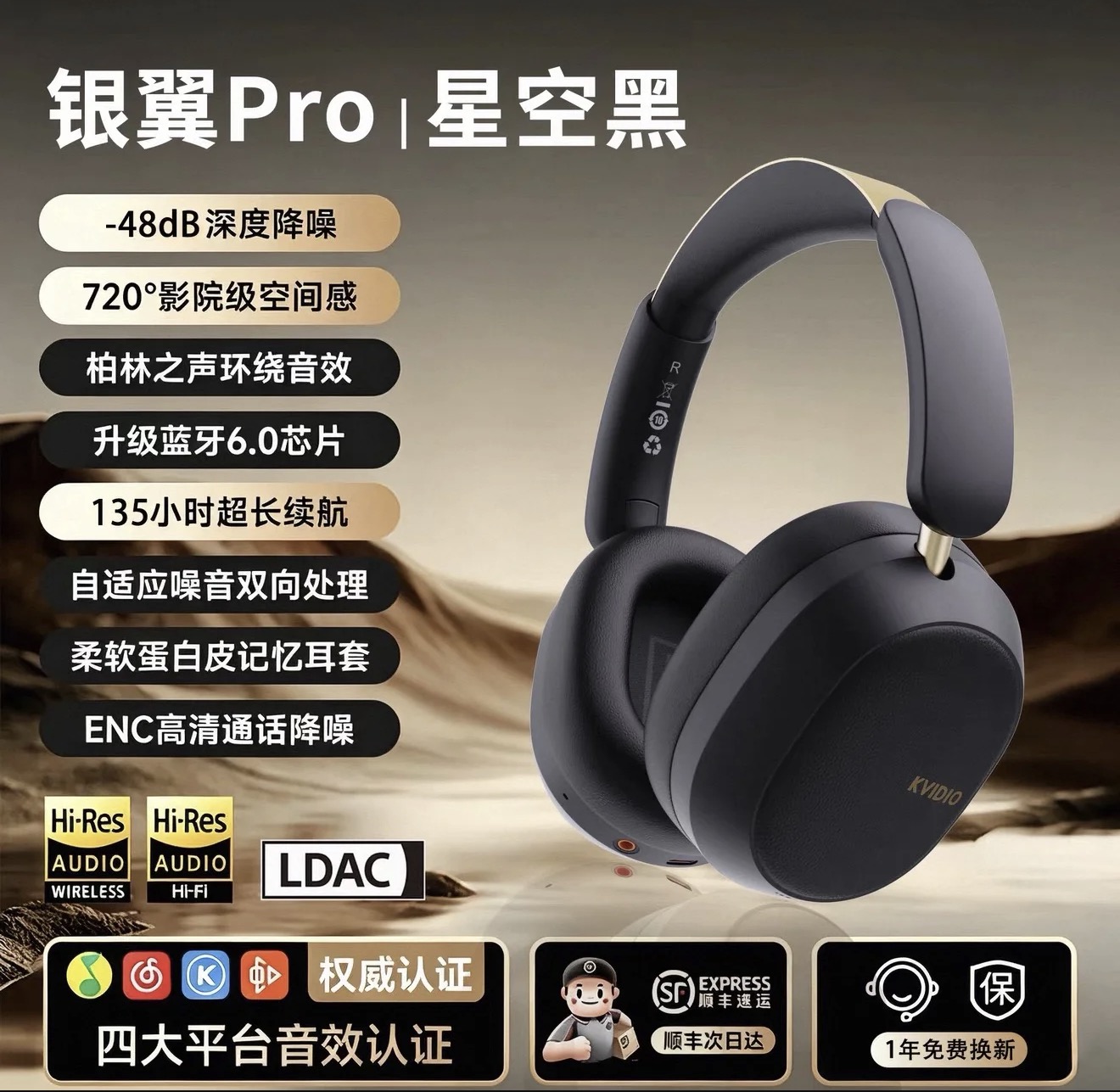 可维迪银翼Pro黑色头戴式降噪耳机1份
