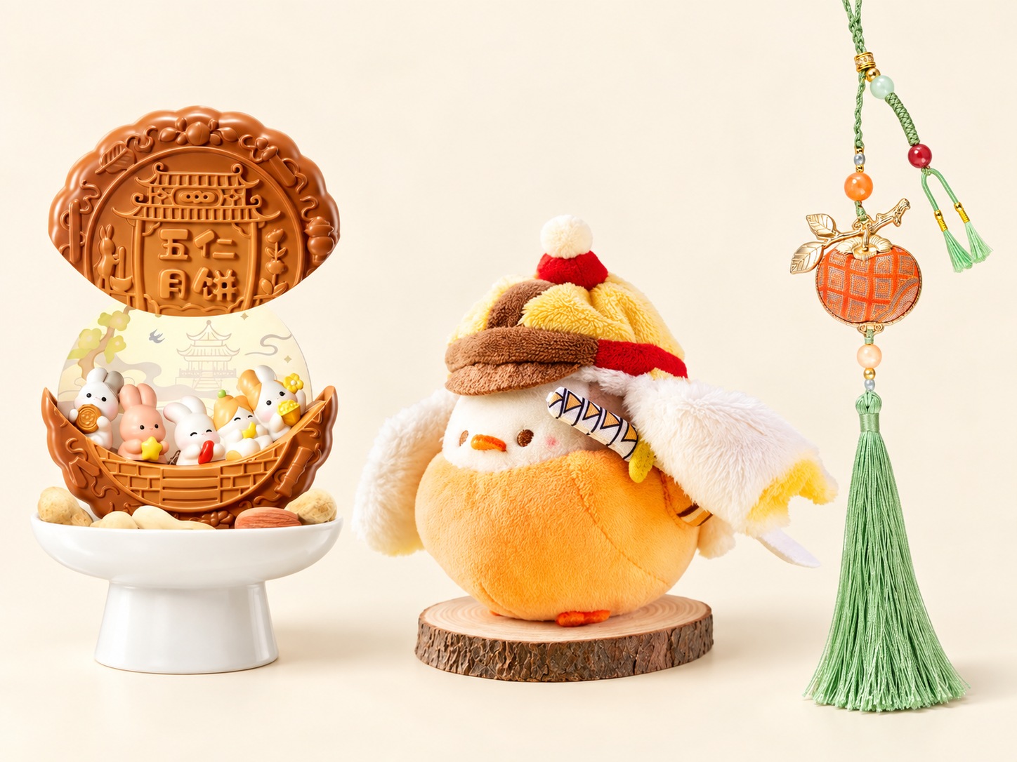 故宫花好月圆冰箱贴 × 1份;宋锦柿柿如意挂饰 × 1份;故宫戴胜毛绒挂件 × 1份